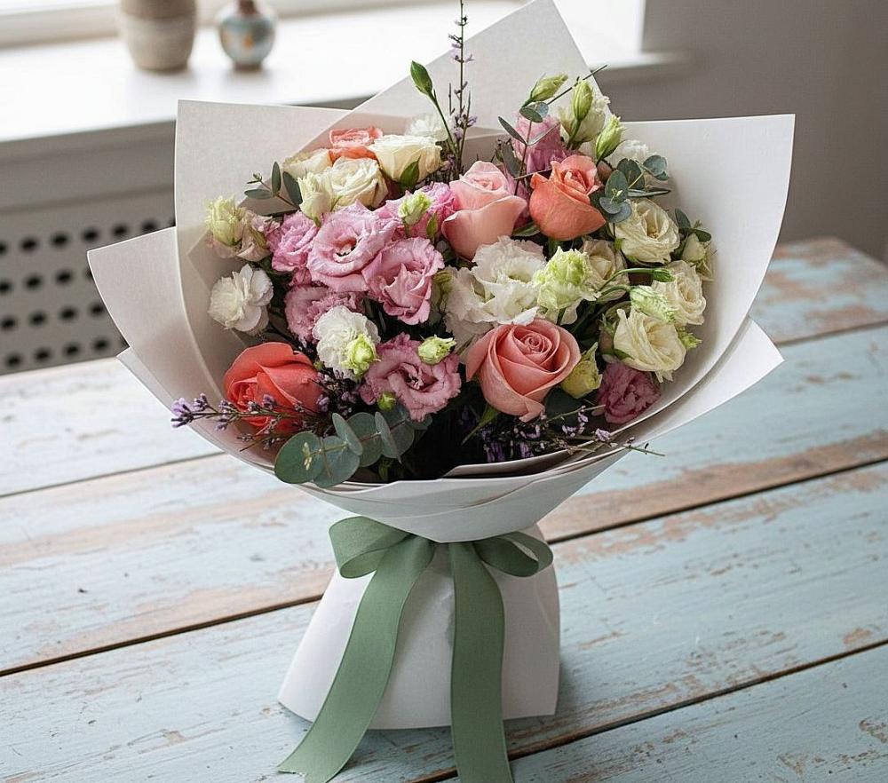 Букет цветов из: Розы, Лизиантусы и Гвоздики в Виноградном