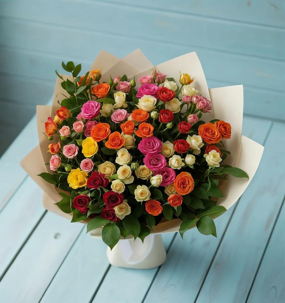 Букет Микс из разноцветных кустовых роз в Виноградном